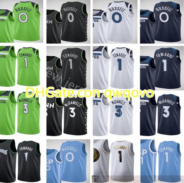 

printed 2021 new city basketball 1 anthony edwards jerseys green white blue 3 jaden mcdaniels dangelo 0 russell jerseys quality, Black;red