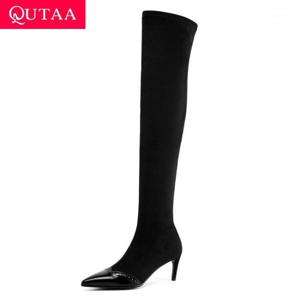 

boots qutaa 2021 fashion patchwork flock cow leather over the knee autumn winter pointed toe thin heel ankle size 34-391, Black