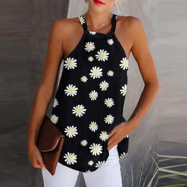 

new women daisy print elegant halter summer sleeveless blouse linen blouses shirt women plus size streetwear, White