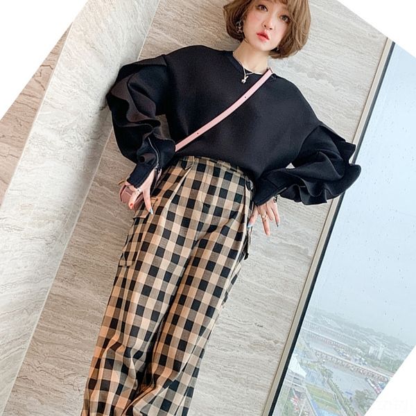 

6bivq space хлопок ruffle suitzipper suitpants клетчатые брюки tight свободный свитер костюм леггинсы новый стиль костюма женщин осенью 2020, Gray