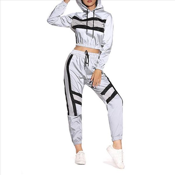 

women reflective 2 piece outfits hooded crop elastic waist pants tracksuit set, Gray