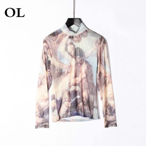

2018 spring summer new painting turtleneck long sleeve half perspective tattoo clothing wild slim t-shirt h8271, White
