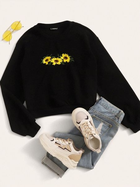 

embroidered sunflower pullover o5io#, White;black