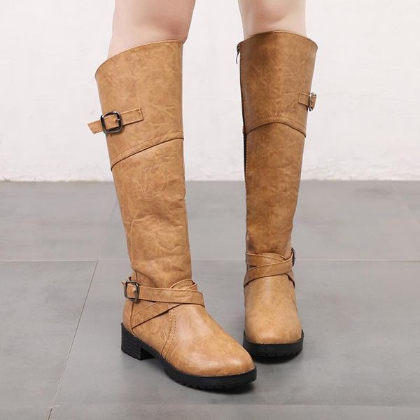 

womens knee high boots winter calf biker boots retro pu leather zip punk combat army square heel shoes for female, Black