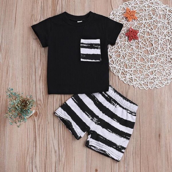 

clothing sets 2021 summer kids boy tshirt+short 2pcs set casual suit toddler kid children pocket decor+striped print costume 0-2t1, White