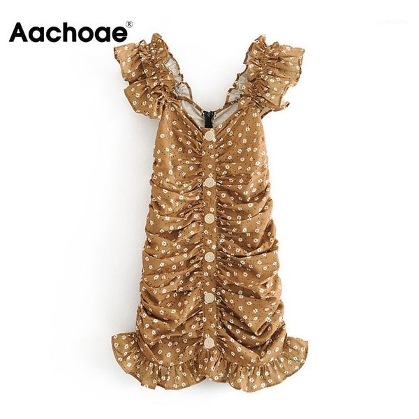 

aachoae floral print bodycon party dress women ruffles button beach mini dress summer sleeveless back zipper sheath1, Black;gray