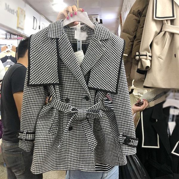 

women's winter new korean navy collar quilted warm woolen coat belt slim college style double-breasted woolen coat, Black