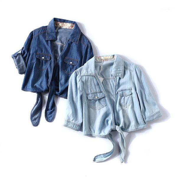 

women's blouses & shirts womens lace-up denim shirt blue casual half sleeves femme 2021 summer crop jeans blouse1, White