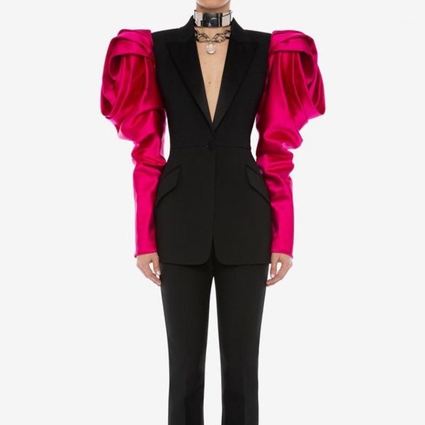 

2020 baracco designer jacket women's puff sleeve color block single button jacket1, Black;brown