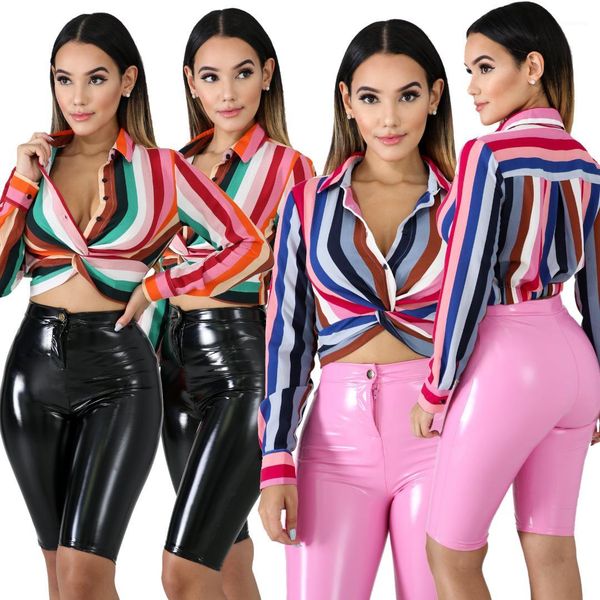 

shirt long sleeve lapel neck tie a knot shirt ladies short blouses women colorful striped, White