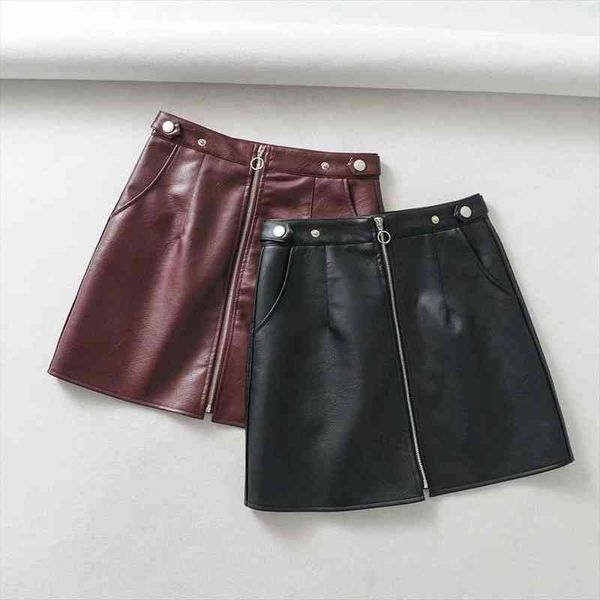 

early spring european and american style womens wholesale high waist pocket zipper pu leather skirt high quality, Black