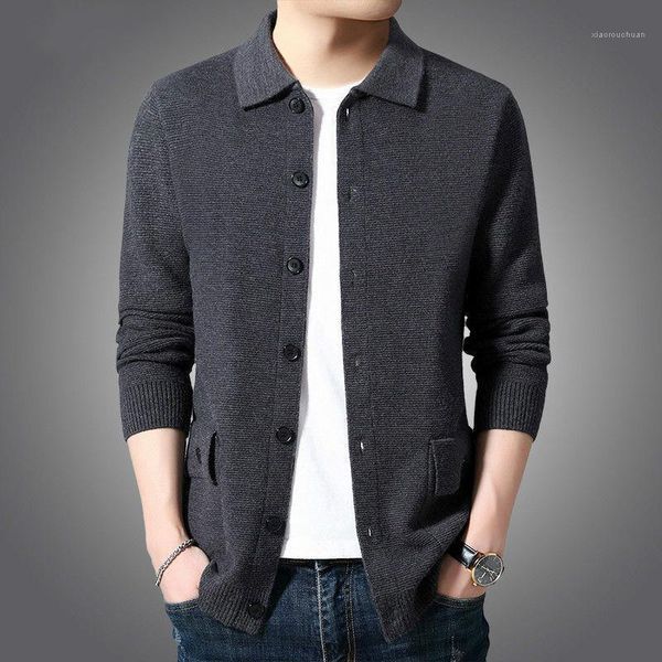 

autumn men's knitted cardigan turn down collar long sleeve sweatercoat full button pocket high grade coat retro casual clothing1, White;black