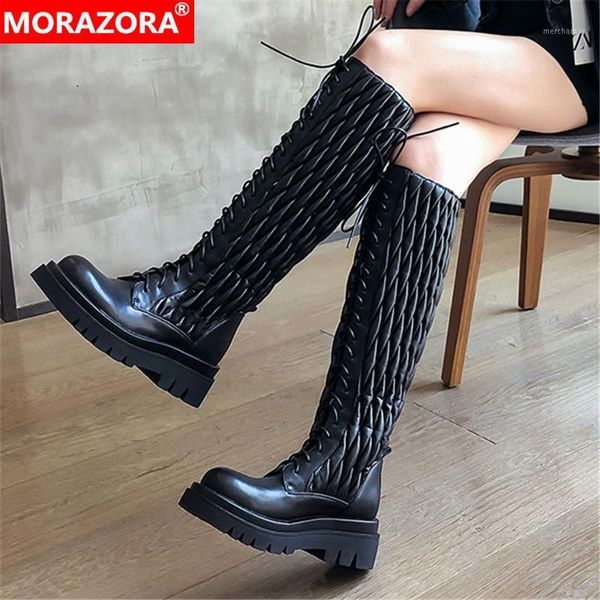 

morazora 2020 genuine leather boots square heels round toe ladies shoes fashion classic winter knee high boots black1, Black