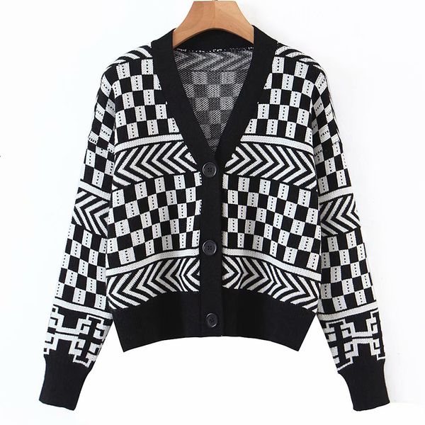 

2021 new autumn winter women black white plaid cardigan warm long sleeve v-neck vintage sweater lady sweaters 9csh, White;black