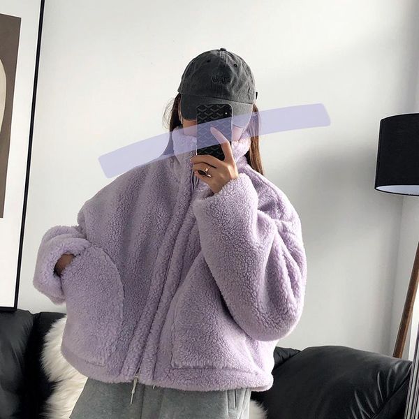 

women's fur & faux winter coat women casual loose short outerwear female turn-down collar thick jacket ladies solid y201, Black