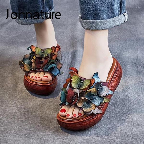 

slippers johnature summer women 2021 genuine leather shoes slides floral wedges outside wear platform ladies slippers1, Black
