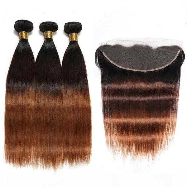 

#1b 4 30 black brown medium auburn 3tone ombre brazilian virgin human hair weaves with 13x4 lace frontal closure ombre 3bundles with frontal