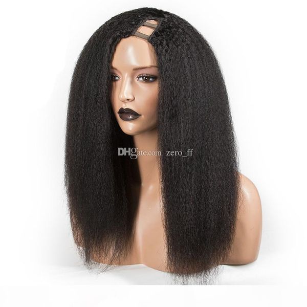 

kinky прямая u парик часть человеческих волос парики бразильский волос remy 150 плотность итальянский яки левая часть парики полный конец, Black;brown