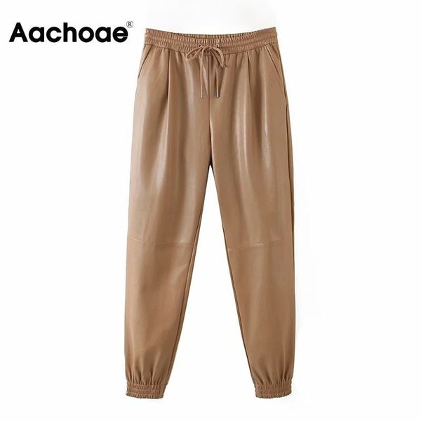 Aachoae Solide PU Kunstleder Hosen Frauen Mode Kordelzug Elastische Taille Falten Hosen Casual Damen Bleistift Hosen 201228