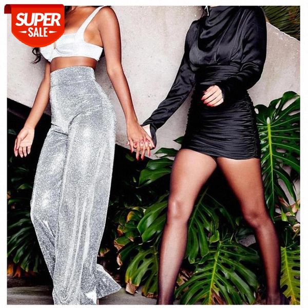 

2020 women's sequined pants high-waist trousers solid party sports loose zipper wide-leg bottoms shiny wide-leg pants #by00, Black;white