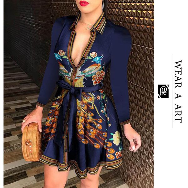 

women long sleeve v-neck bandage button dress lady fashion peacock print classic dresses girl short skirt club party outdoor blue hot, White;black