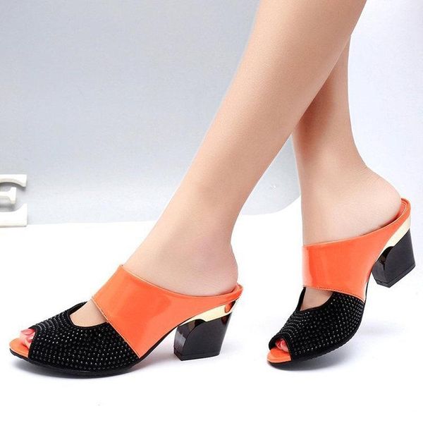 

summer shoes woman high heels sandals pu leather ladies fashion slides slip on female mother square heel slippers footwear dx4341, Black