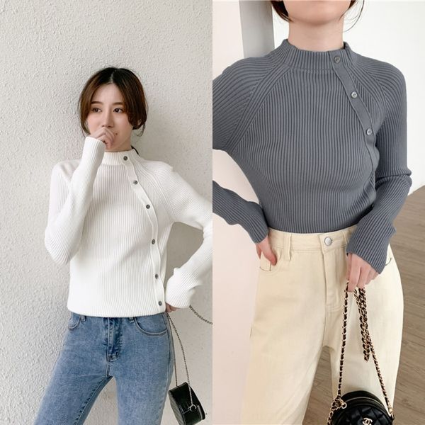 

2s4ml slant button autumn sweatersweater fitting knit women's tight winter 2020 new versatile half high collar slim sweater with thin, White;black