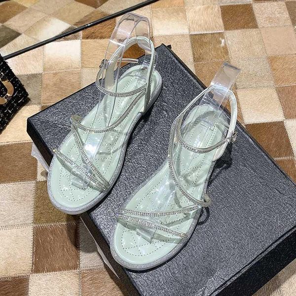 

sandals ins web celebrity female flat 2021 word buckle students summertime joker diamond fairy wind sandals1, Black
