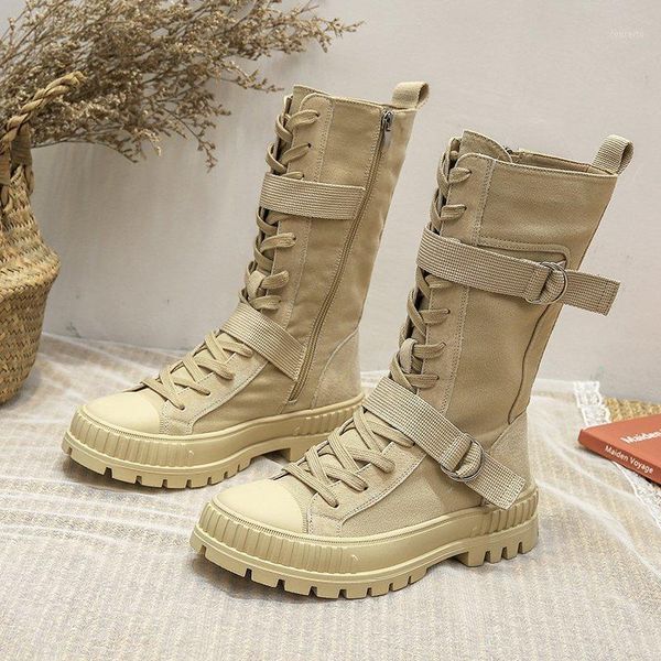 

british style high boots women 2021 new winter thick sole canvas mid tube motorcycle short boots wild skinny1, Black