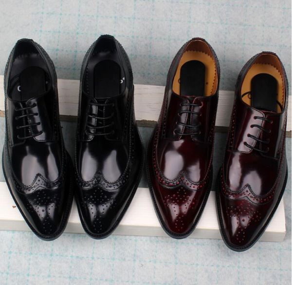 

brogue платье обувь мужчины зашнуровать подлинной лакированные остроносые смарт повседневная обувь свадьба коренастый пятки резные броги, Black