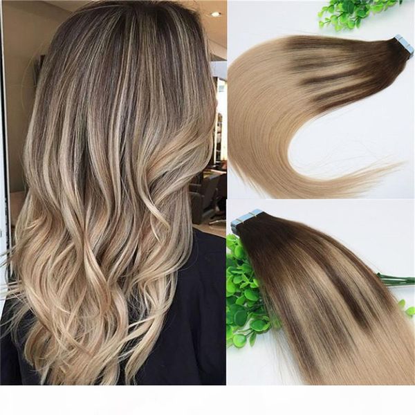

#4 #18skin weft tape in human hair extensions pu tape hair 40pcs 100gram balayage ombre hair color ash blonde highlights, Black