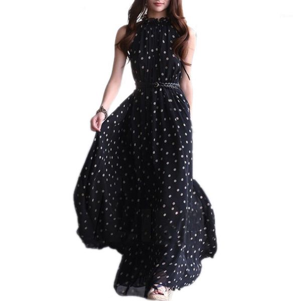 

women's chiffon dot vest maxi full long dress sleeveless with belt1, Black;gray