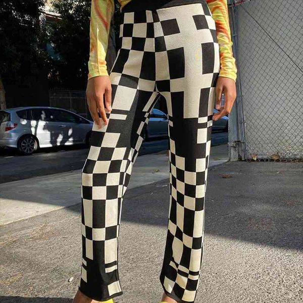 

knit plaid womens pants black and white streetwear elastic waist straight pants for women casual high waist female trousers, Black;white