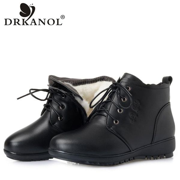 

drkanol fashion genuine leather natural wool ankle boots for women winter warm snow boots low wedge lace up women warm fur shoes, Black