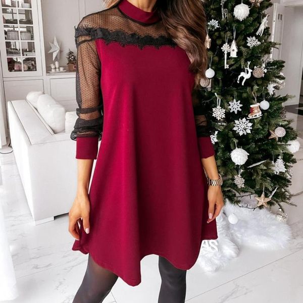 

women elegant polka dot print lace mesh sheer long sleeve loose party mini dress long sleeve loose party mini dress, Black;gray
