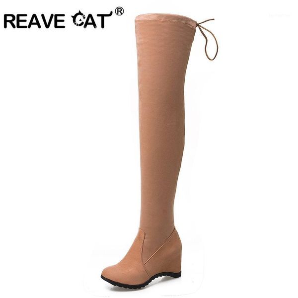 

reave cat 2020 plus size 34-43 women boots over the knee wedges boots sapatos femininos flock casual platform hidden shoes a9871, Black