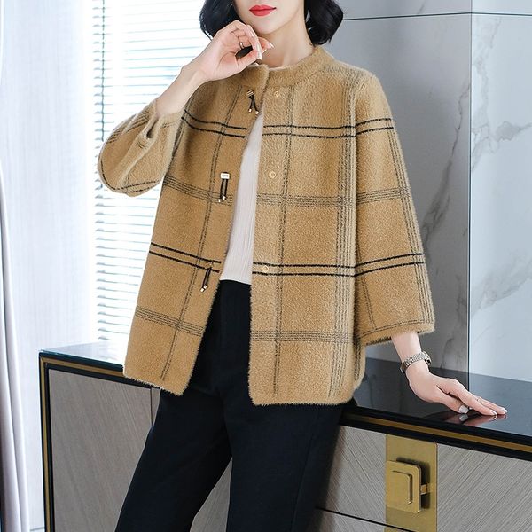 

fashion plaid sweater fur coat women's short fall winter 2020 women's round neck mink like sweater coat 06255 utyxs, White;black