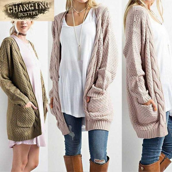 

s-3xl autumn winter new product european wind long will code solid color pocket sweater women's flowers knitting cardigan1, White