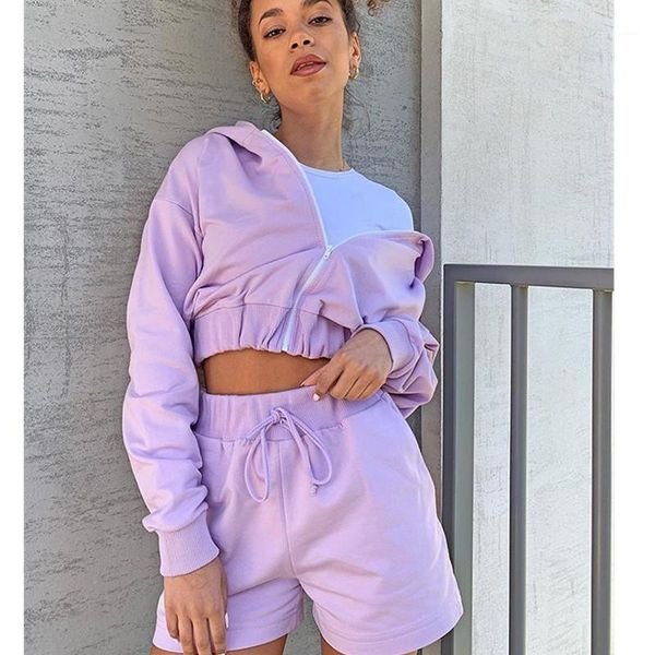 

fufucaillm autumn new fashion suit for womens casual zipper long sleeve hoodie sweatshirt + high waist shorts 2pcs sets, Gray