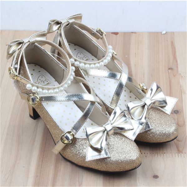 

new small gold shoes detachable bow lolita pearl cross wrist strap buckle women's shoes single shoe woman pumps y200702, Black