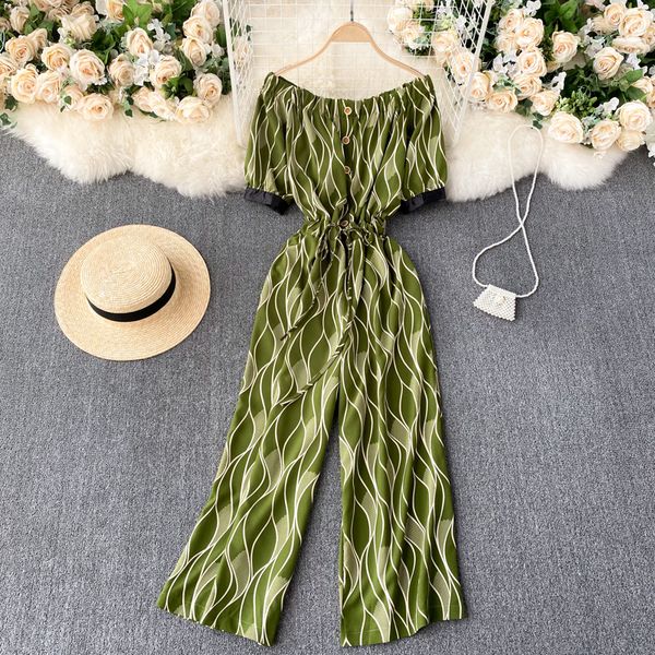 

2021 new singiny feminine retro print summer slash neck short rentals up overalls off the shoulder long x52h, Black;white