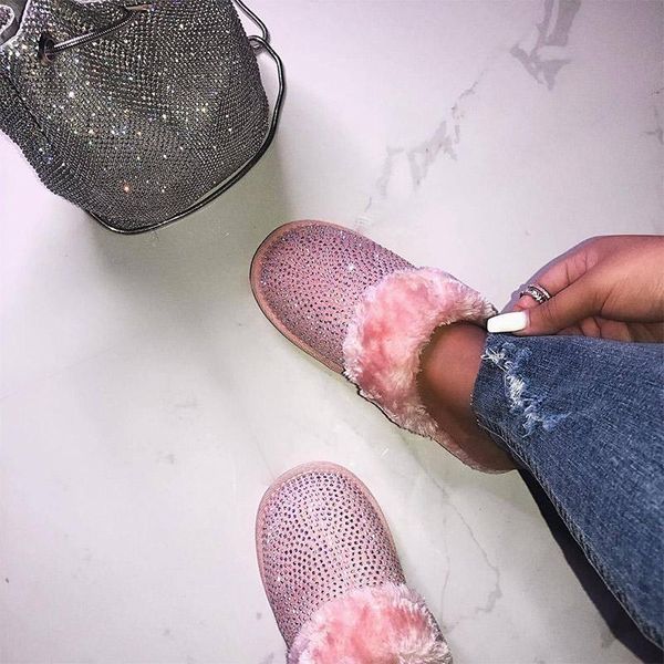 

women slippers crystal indoor ladies fashion furry plush indoor woman causal warm pompom female footwear 2020 winter, Black