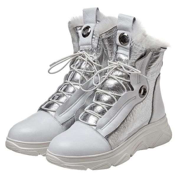 

hgenuine leather round head plush lace up snow boots women warm wool fur lined girl winter thick bottom short boots, Black