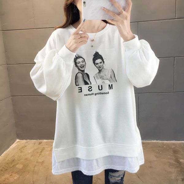 

5t9y6 жир мм плюс размера рыхлой длинного рукава женщины осени 2020 корейские части печати свитера два top свитер сплайсинга и поддельной вы, Black