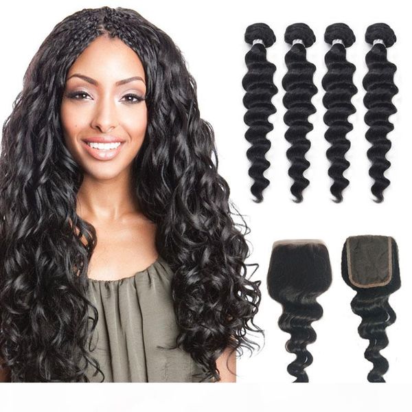 

brazilian virgin hair loose wave human hair 3 4 bundles with lace closure brazilian loose deep human hair bundles with closure, Black