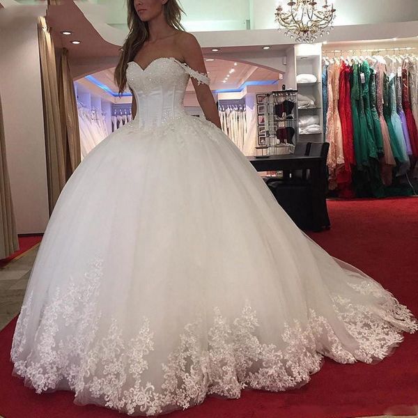 Wunderschöne schulterfreie Ballkleid-Hochzeitskleider mit Herzausschnitt, Applikationen, Spitze und Perlen, lange Brautkleider, Brautkleid in Übergröße mit Korsett und Tüll