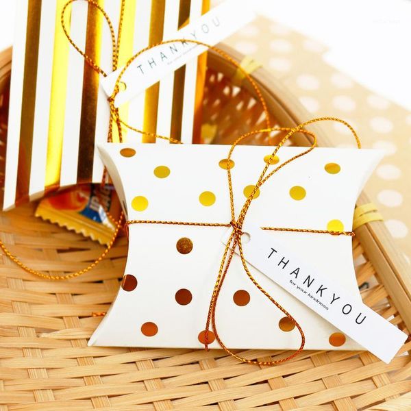 

50pcs pillow shape paper box gold striped dots candy boxes party favor paper box with thank you tag wedding gift boxes1