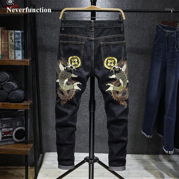 

men streetwear stretch slim fit carp embroidery jogger jeans pants japanese chinese style man cotton casual denim trousers1, Blue