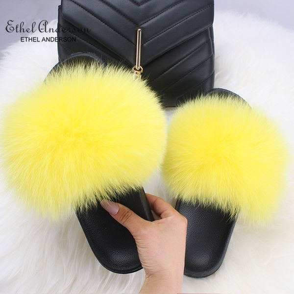 

ethel anderson est real fox fur slides summer beach fluffy slippers 100% real raccoon fur flip flops sandals shoes wholesale x1020, Black