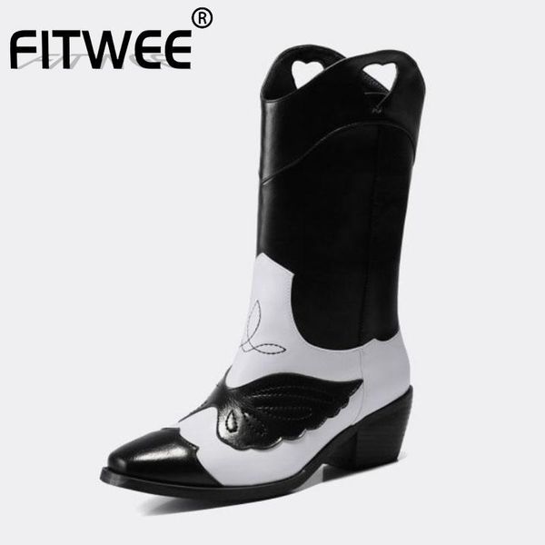 

boots fitwee 2021 mid calf for women fashion mixed color thick heels shoes autumn winter daily footwear size 33-451, Black